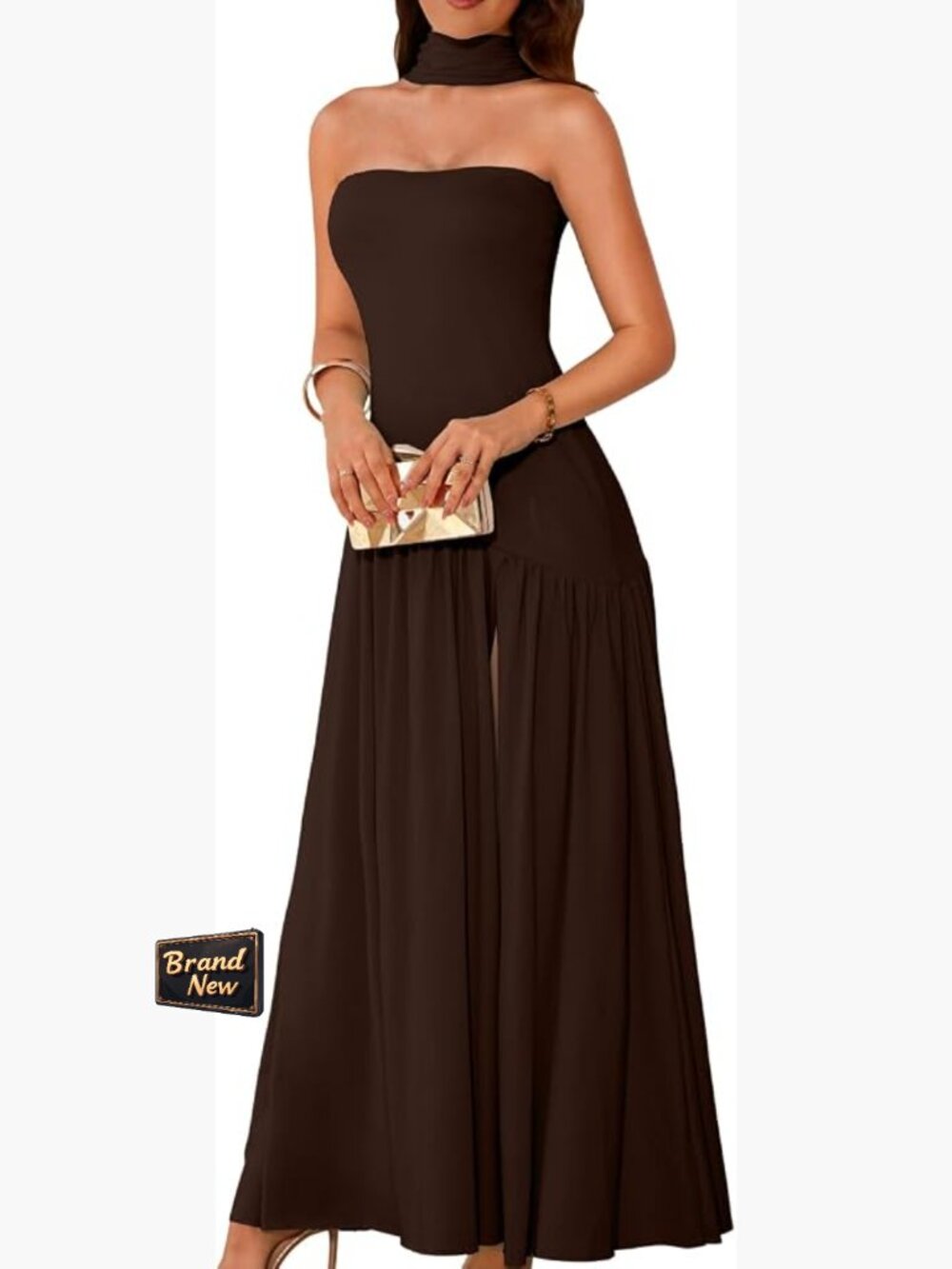 Women's Strapless Maxi Dress with Scarf, High Slit Formal Gown